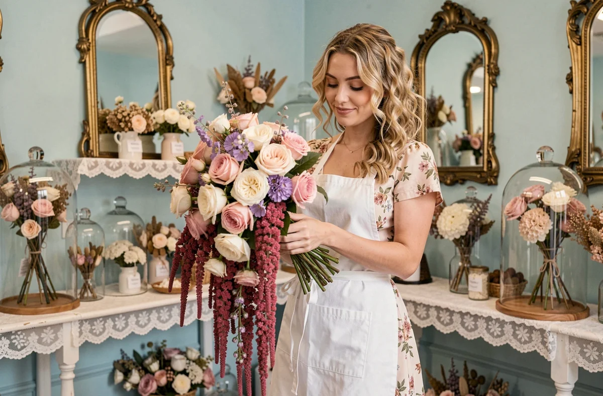 Pauline, fleuriste de mariage, tenant un bouquet romantique en cascade de roses et d'amarante dans sa boutique aux murs bleu poudré
