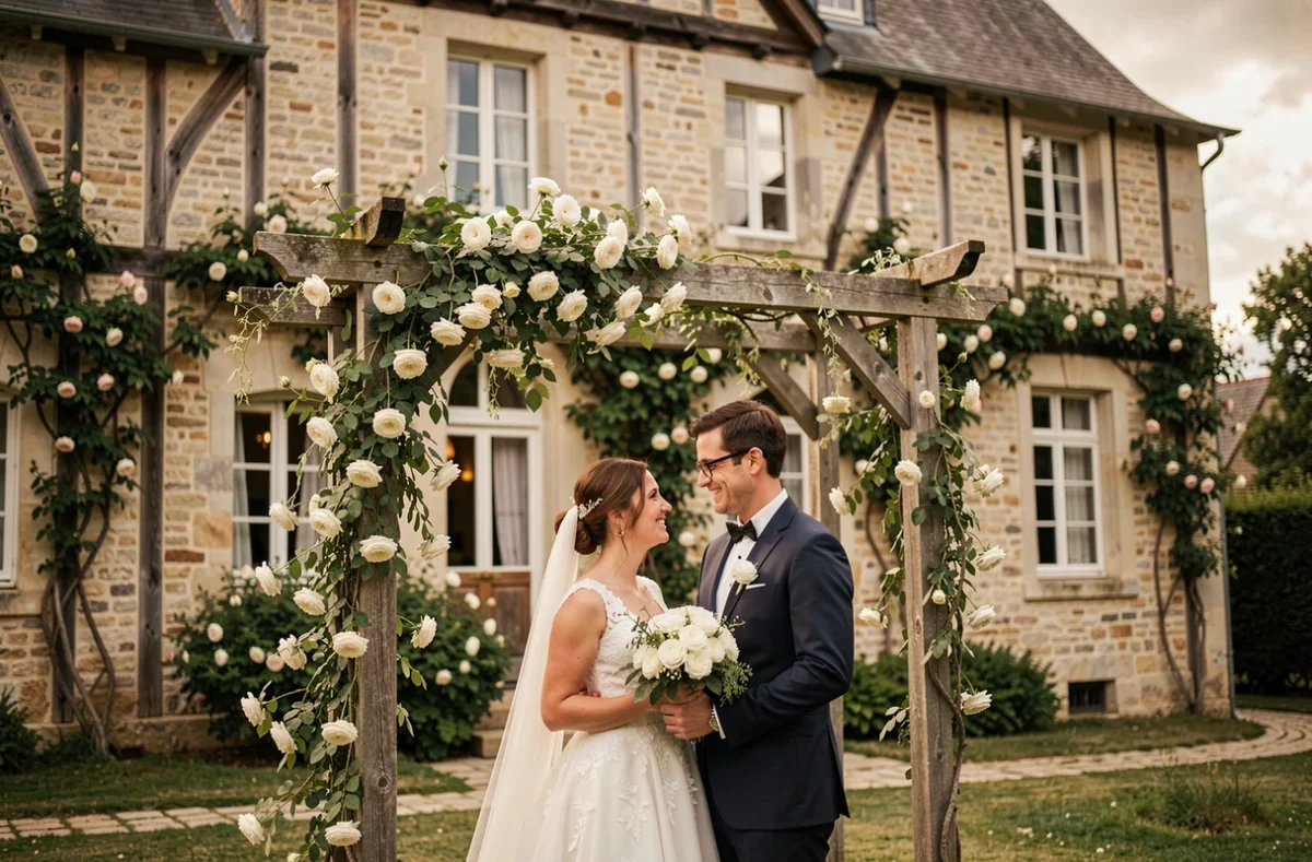 Couple de mariés devant Le Logis des Arçonnières, maison de caractère en Vendée, avec tonnelle fleurie et façade en pierre couverte de rosiers