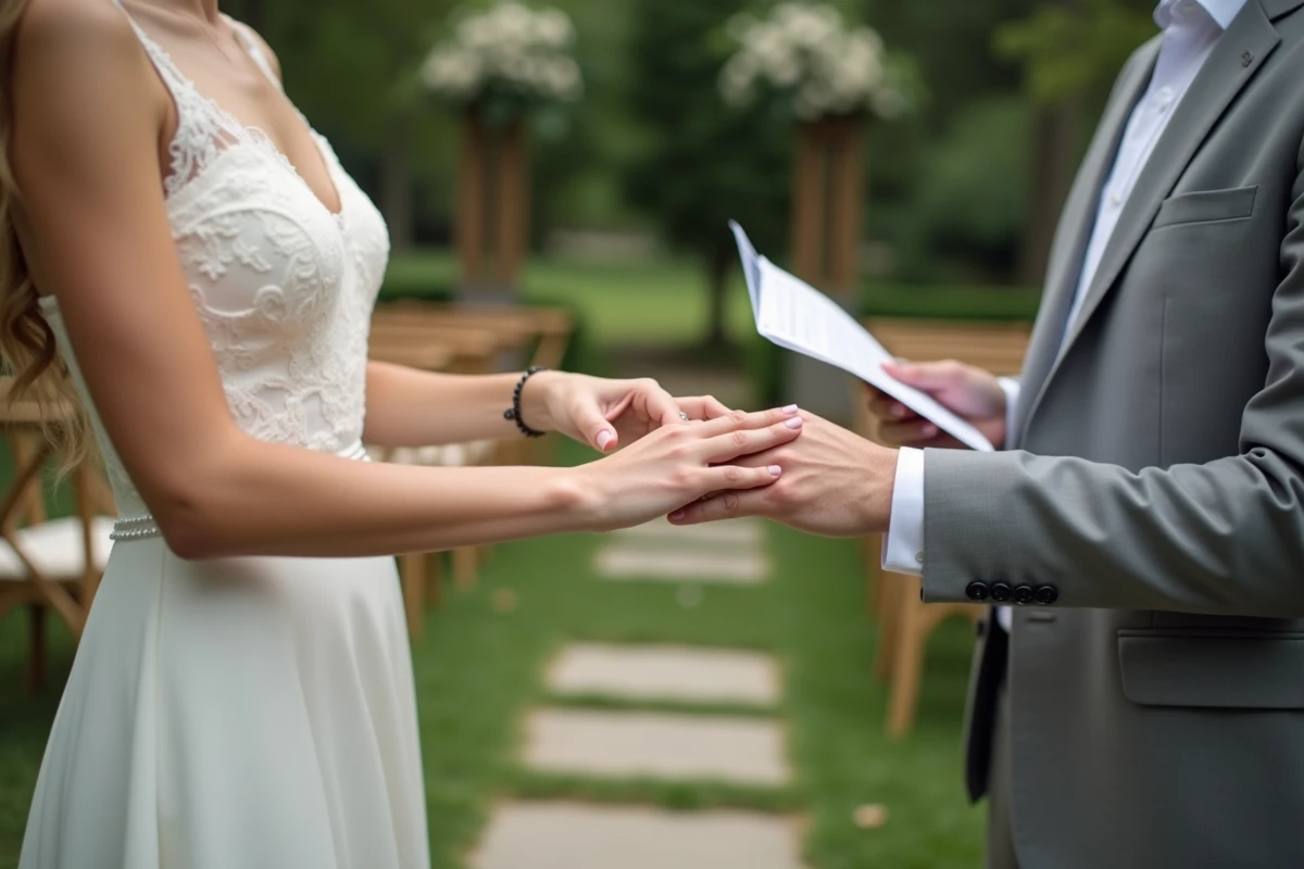 Mains de deux mariées échangeant des alliances dans un jardin