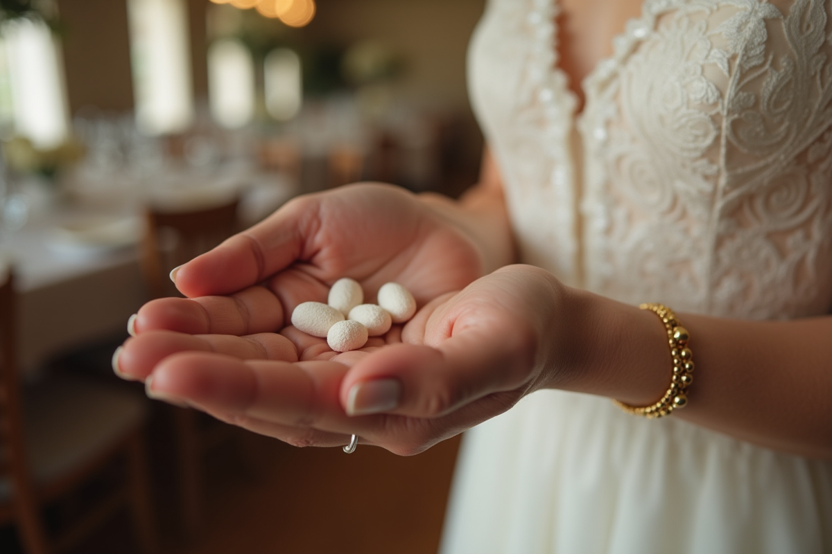 Mains d'une femme mariée tenant des amandes sucrées