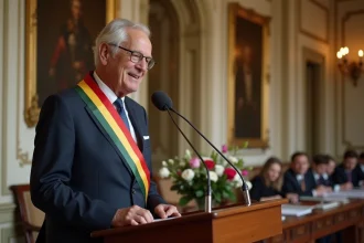 Maire en écharpe tricolore prononçant un discours de mariage derrière un pupitre dans une salle des mariages officielle