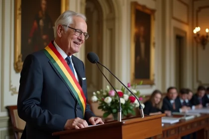 Maire en écharpe tricolore prononçant un discours de mariage derrière un pupitre dans une salle des mariages officielle