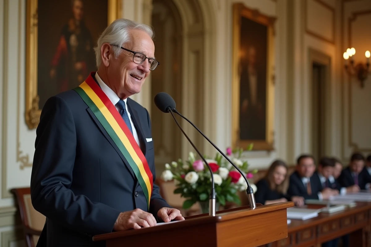 Maire en écharpe tricolore prononçant un discours de mariage derrière un pupitre dans une salle des mariages officielle