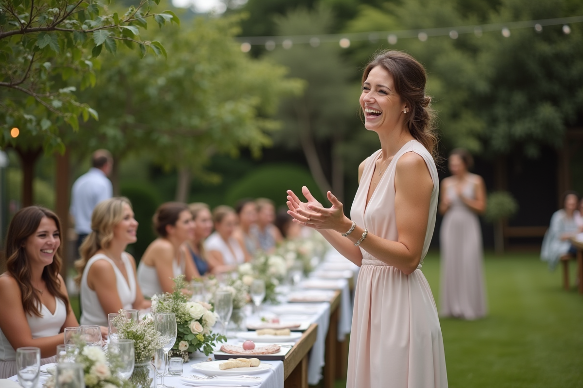 Femme maître de cérémonie riant dans un jardin lors d