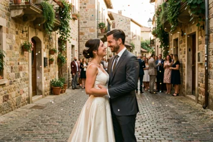 Couple de mariés partageant un moment complice dans une rue pavée, robe en soie ivoire et costume anthracite, ambiance cinématographique et confettis