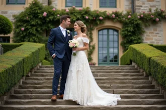 Couple de mariés posant sur les marches d'un château français lors d'un mariage dans un domaine