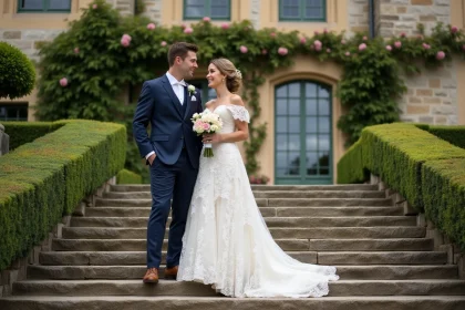 Couple de mariés posant sur les marches d'un château français lors d'un mariage dans un domaine