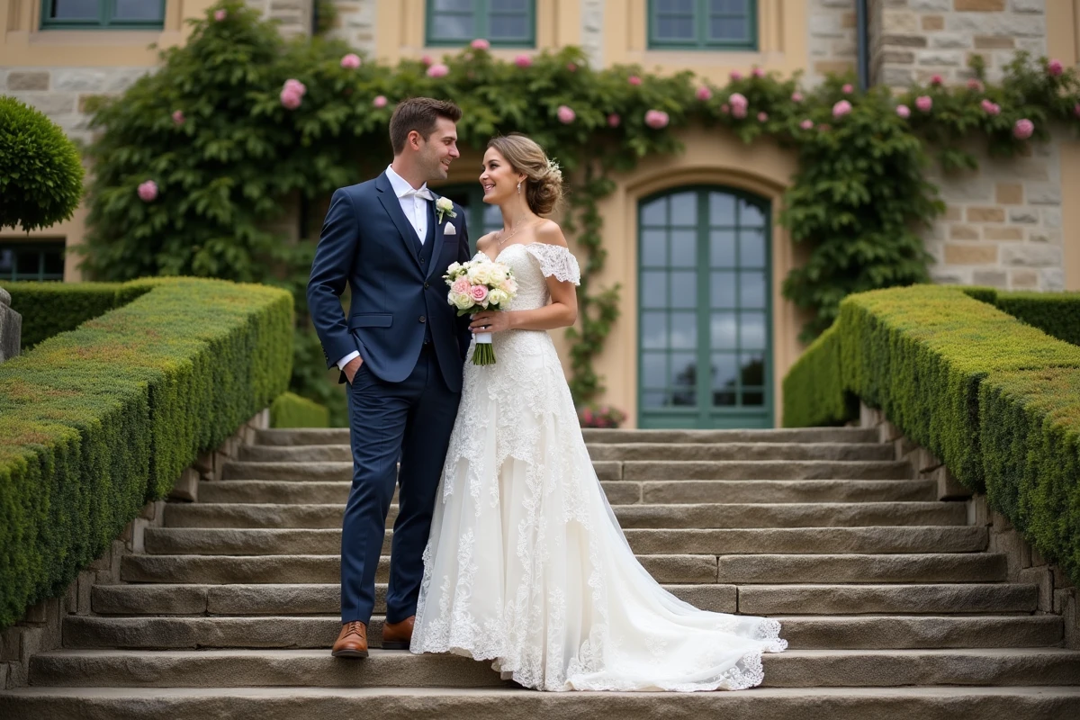 Couple de mariés posant sur les marches d'un château français lors d'un mariage dans un domaine