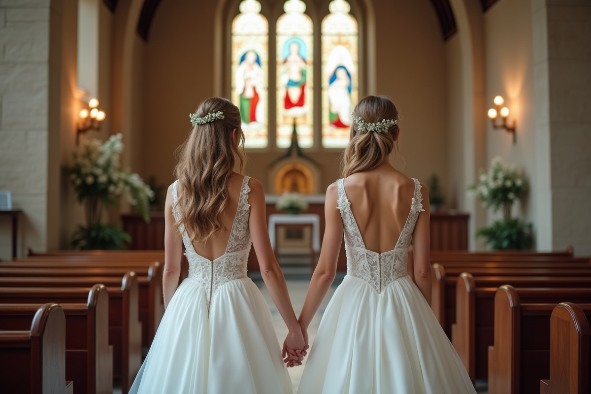 Deux femmes en robes de mariée élégantes devant l'église