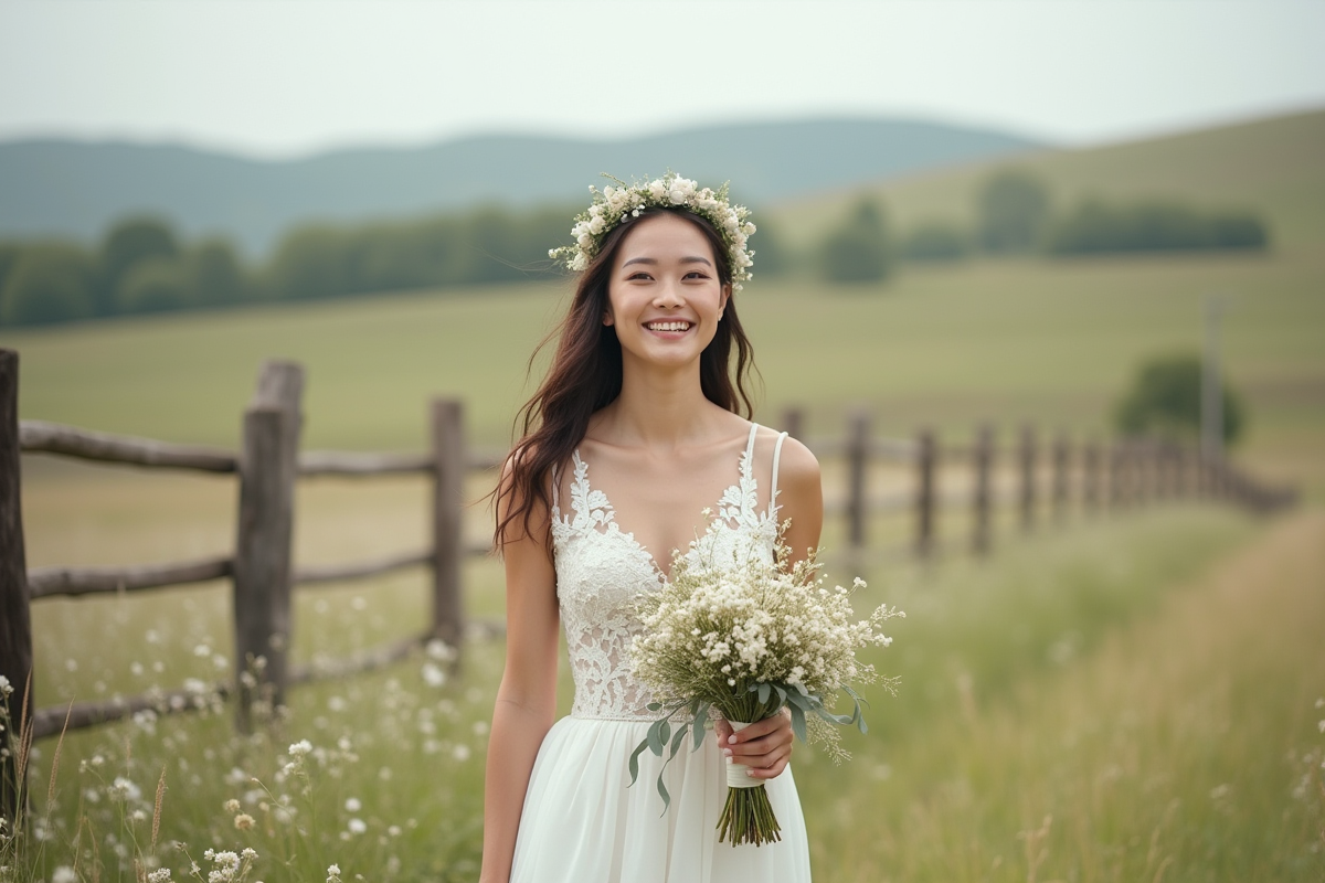 Mariée souriante en robe de dentelle dans un champ ensoleille
