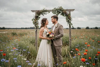 Couple de mariés écoresponsables dans une prairie de fleurs sauvages avec arche naturelle en eucalyptus et bouquets de fleurs locales