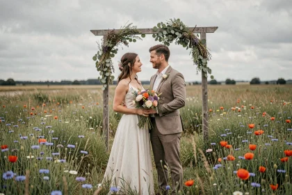 Couple de mariés écoresponsables dans une prairie de fleurs sauvages avec arche naturelle en eucalyptus et bouquets de fleurs locales