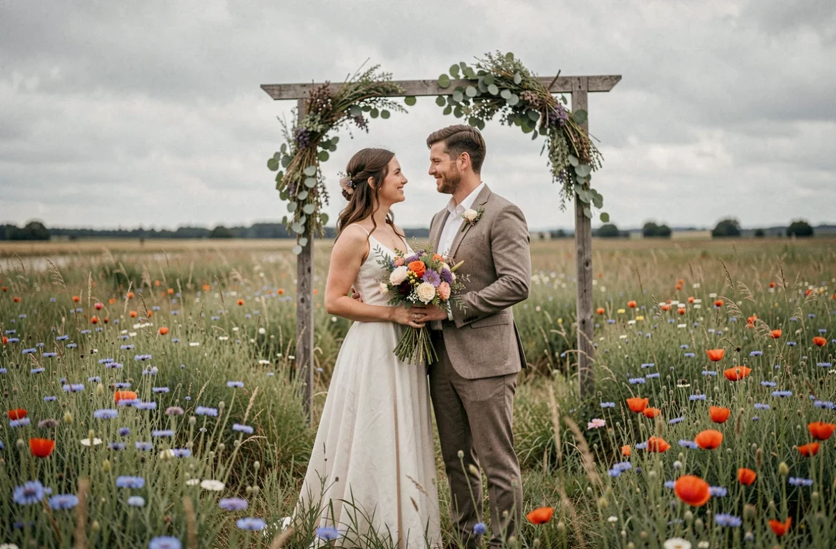 Couple de mariés écoresponsables dans une prairie de fleurs sauvages avec arche naturelle en eucalyptus et bouquets de fleurs locales