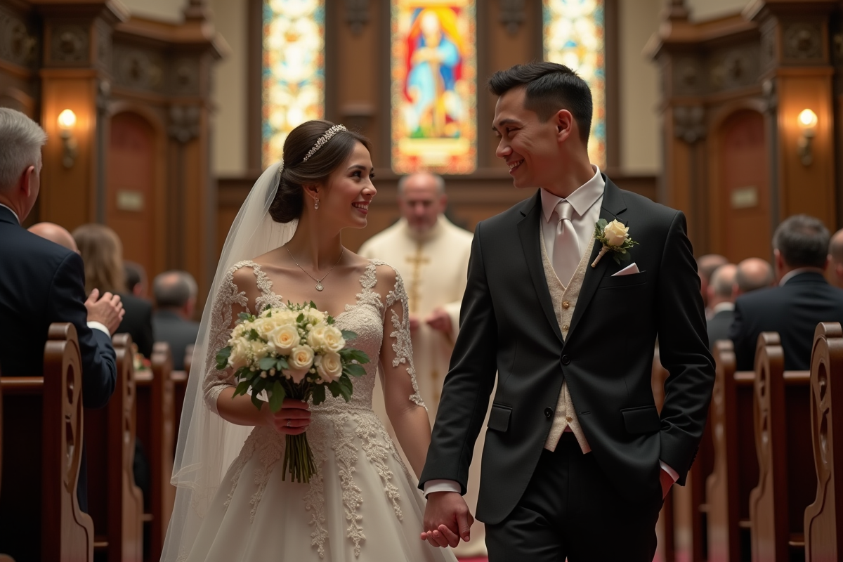 Couple marié devant un autel dans une église ancienne