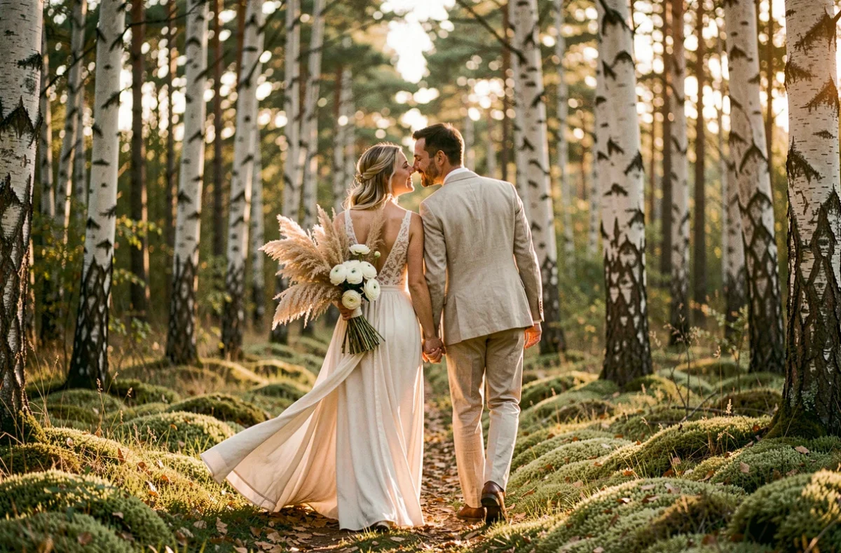 Couple de mariés marchant dans une clairière forestière, robe boho et costume lin beige, atmosphère féérique et cinématographique