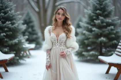 Jeune femme en robe de mariage d'hiver dans la neige