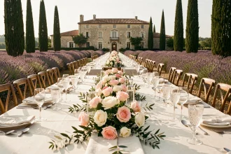 Réception de mariage de luxe en plein air dans un domaine provençal du Var avec tables décorées et manoir en pierre en arrière-plan