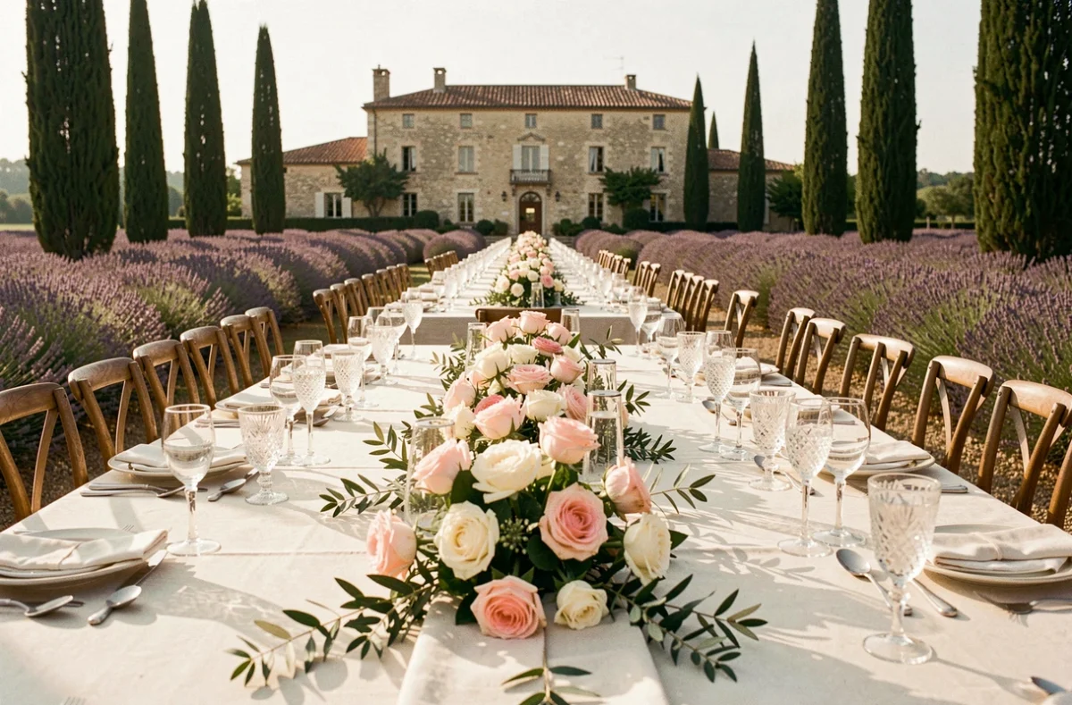 Réception de mariage de luxe en plein air dans un domaine provençal du Var avec tables décorées et manoir en pierre en arrière-plan