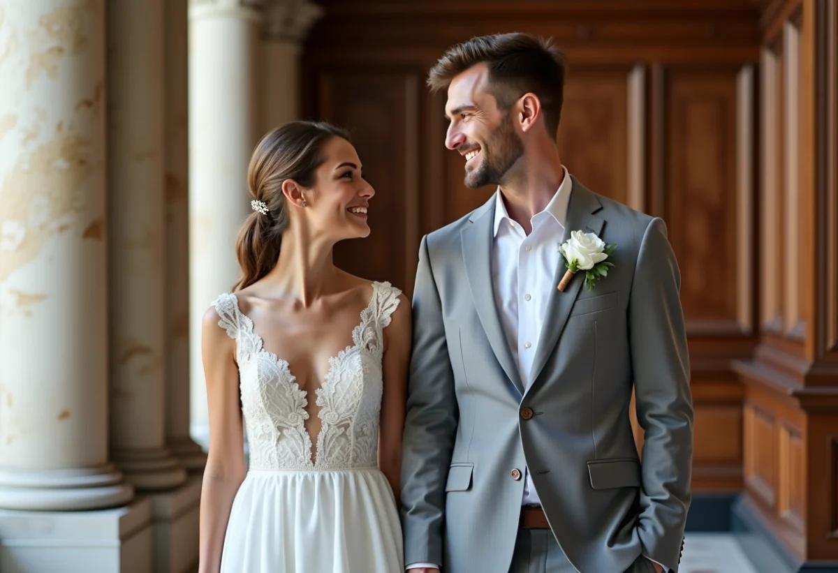 Jeune couple en mairie de Paris lors de leur mariage civil
