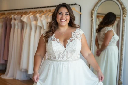 Mariée souriante en robe de mariage élégante à Lyon