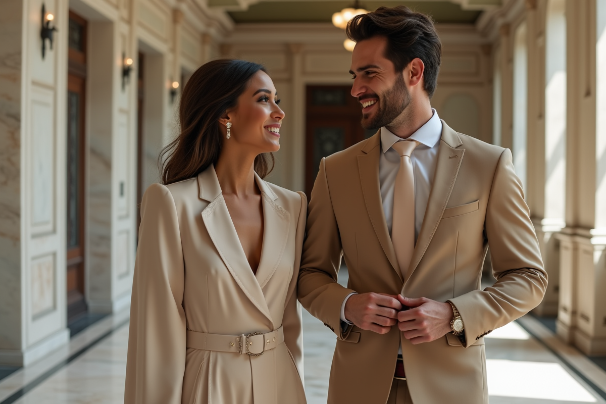 Jeune couple en intérieur dans une salle art deco élégante