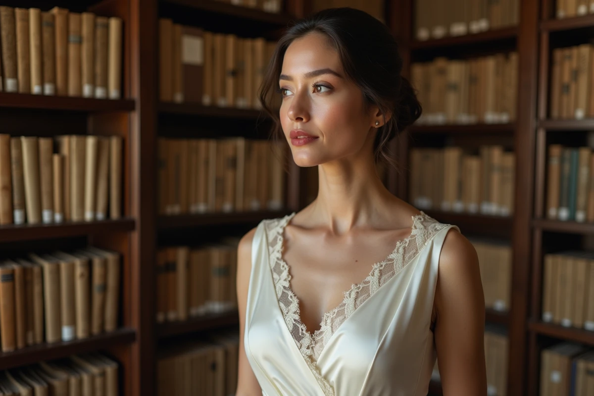 Femme élégante en robe de mariée ivoire dans une salle d'archives médias ancienne, évoquant le mariage de Véronique Jacquier