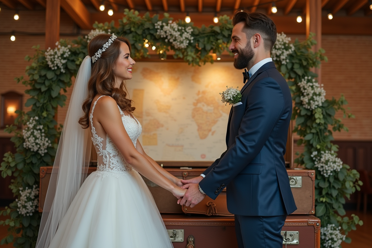 Jeune couple marié dans un décor vintage voyage