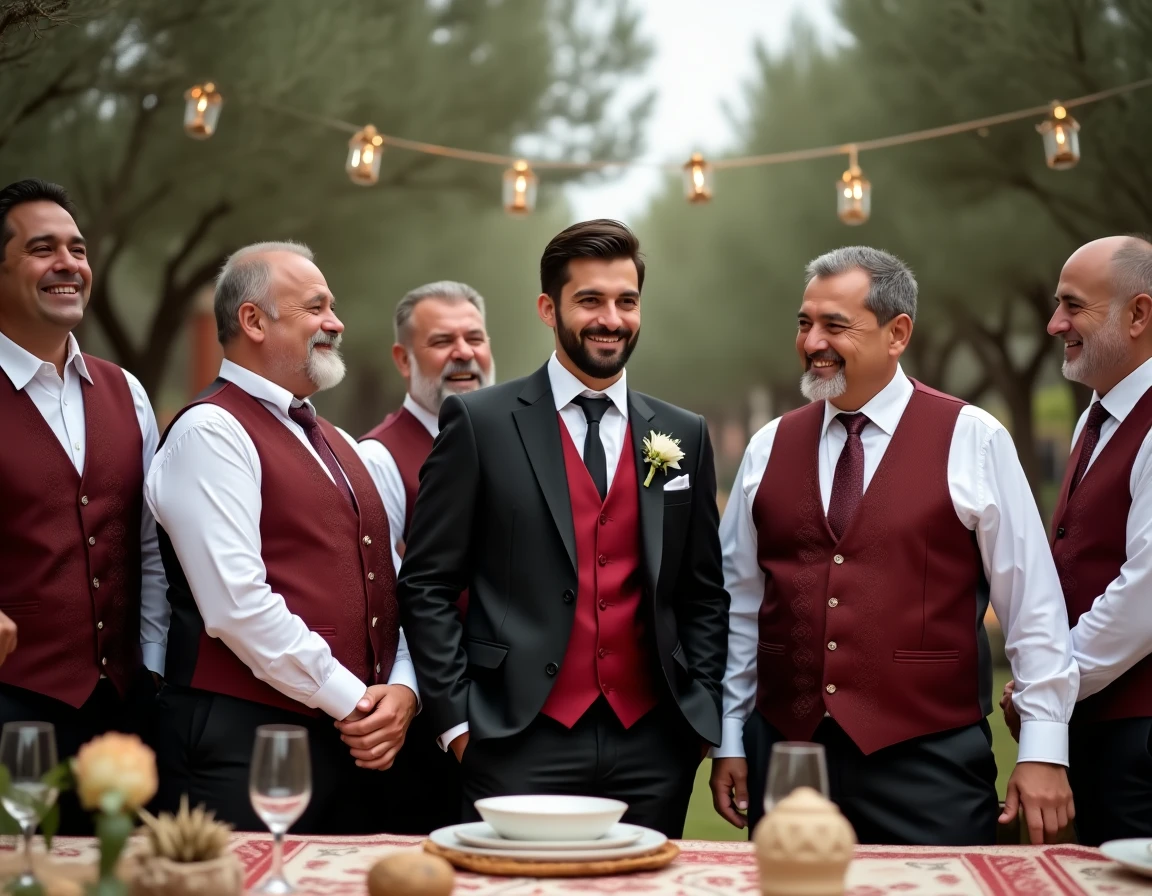 Marié gitan et ses proches en tenue traditionnelle célébrés autour d'une table décorée lors d'un mariage rom