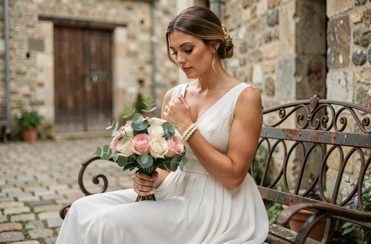 Mariée assise dans une cour de ferme française portant un bracelet de perles et un bouquet de roses champêtres