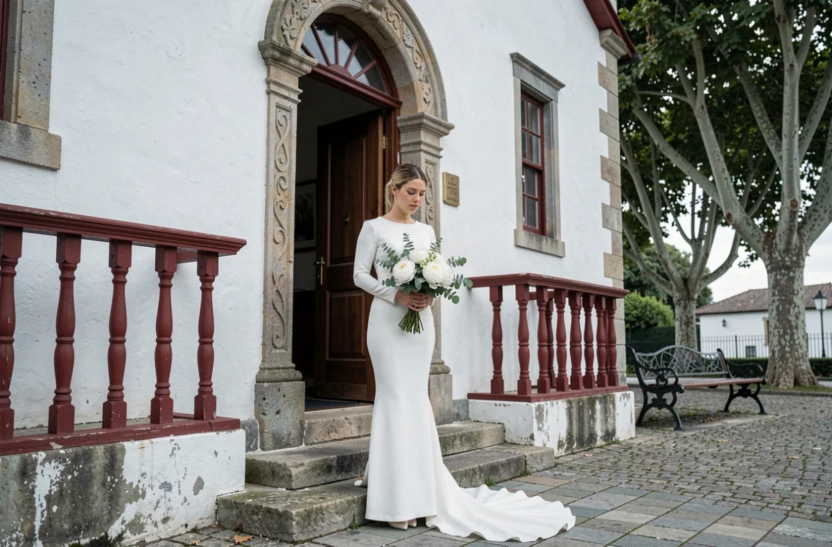 Mariée en robe de mariée devant une église basque traditionnelle à Biarritz tenant un bouquet de pivoines blanches