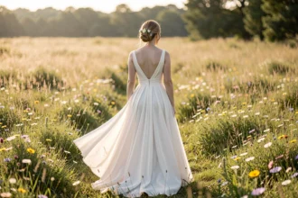 Mariée en robe fluide dans un pré fleuri