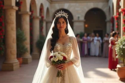 Jeune mariée gitane en robe traditionnelle brodée d'or dans une cour fleurie lors d'un mariage romani