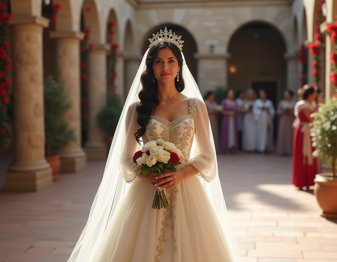 Jeune mariée gitane en robe traditionnelle brodée d'or dans une cour fleurie lors d'un mariage romani