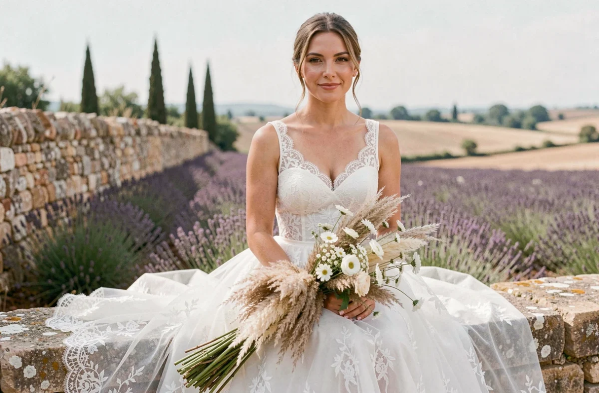 Mariée assise sur un muret en pierre en robe bohème dentelle bustier avec jupe volumineuse dans un domaine provençal