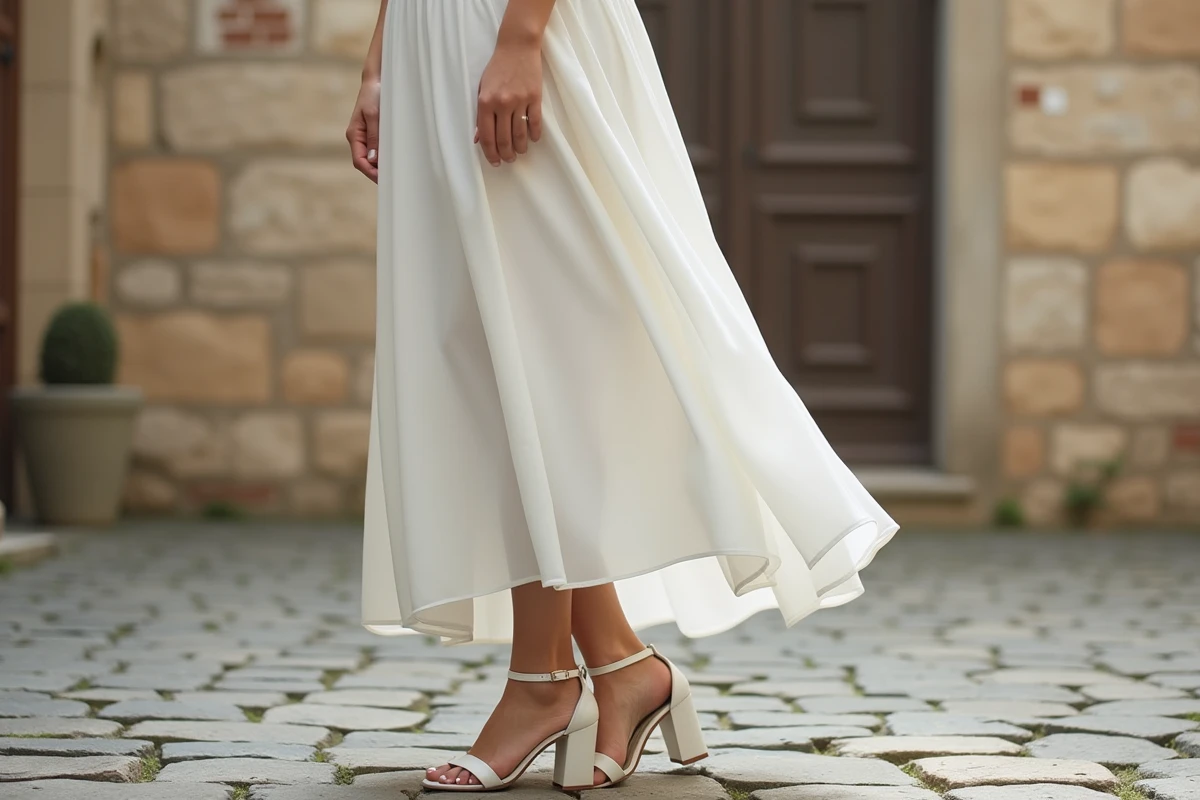 Mariée portant des sandales blanches à talon bloc avec bride à la cheville dans une cour pavée européenne, tenue de mariage élégante et économique