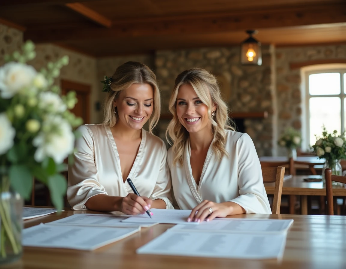 Mariée et son unique témoin préparant ensemble les détails d'un mariage intime dans une ferme rustique