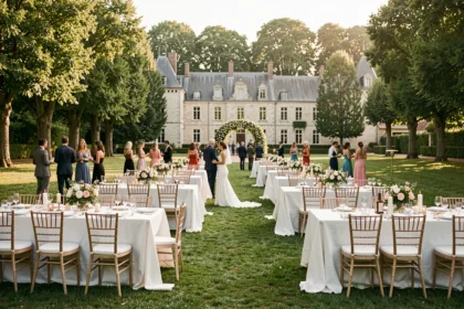 Vue panoramique d'une réception de mariage en plein air dans un domaine de Vendée, avec tables décorées, chaises chiavari et château en arrière-plan