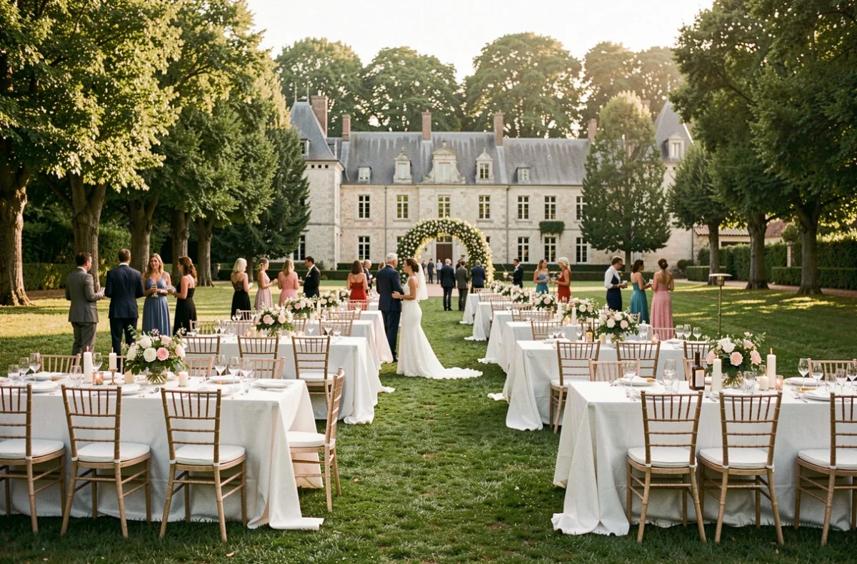Vue panoramique d'une réception de mariage en plein air dans un domaine de Vendée, avec tables décorées, chaises chiavari et château en arrière-plan