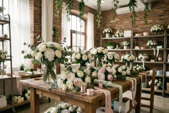 Vue d'ensemble d'un atelier de fleuriste de mariage dans le Nord, avec des arrangements floraux blancs et verts sur des tables en bois rustique