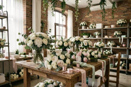 Vue d'ensemble d'un atelier de fleuriste de mariage dans le Nord, avec des arrangements floraux blancs et verts sur des tables en bois rustique