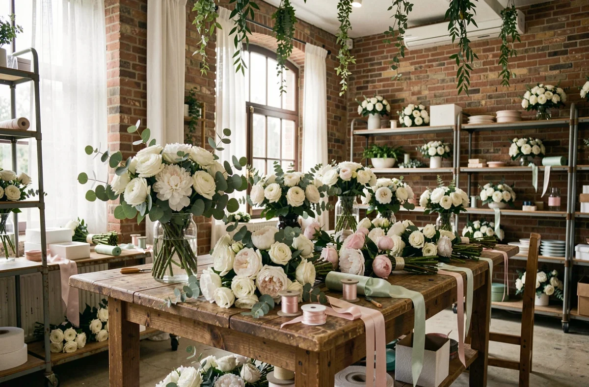 Vue d'ensemble d'un atelier de fleuriste de mariage dans le Nord, avec des arrangements floraux blancs et verts sur des tables en bois rustique