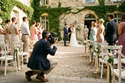 Vidéaste filmant un mariage dans une cour de château du Nord de la France, ambiance reportage cinématographique