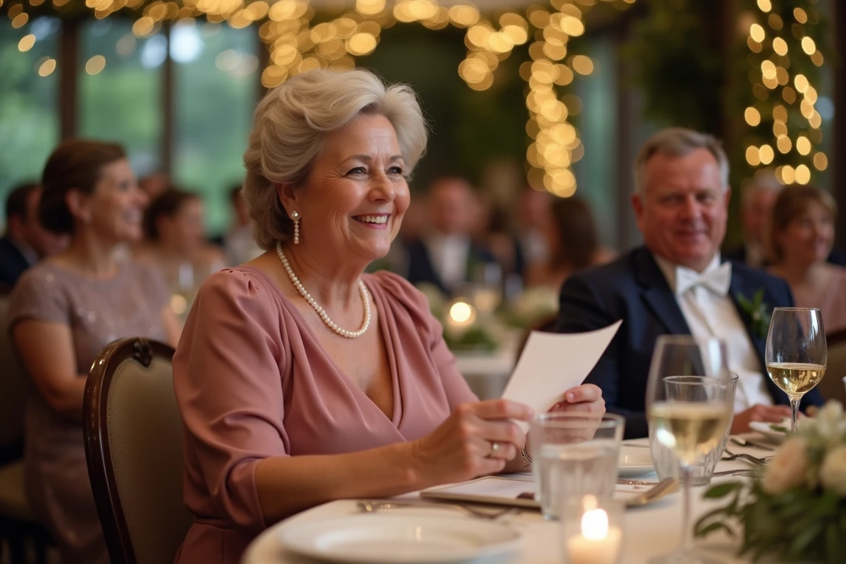 Mère de la mariée lisant son discours manuscrit à table lors d'une réception de mariage élégante