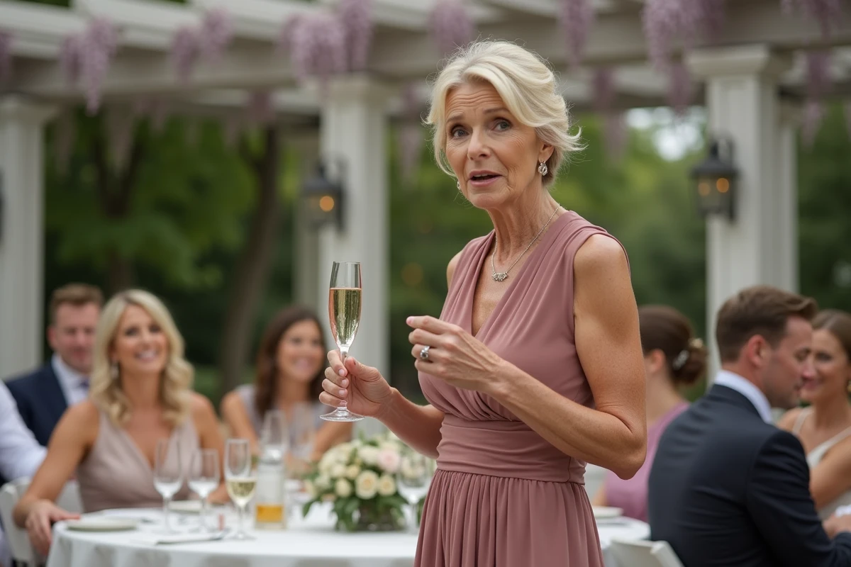 Mère de la mariée portant un toast lors d'un discours émouvant en plein air dans un jardin fleuri