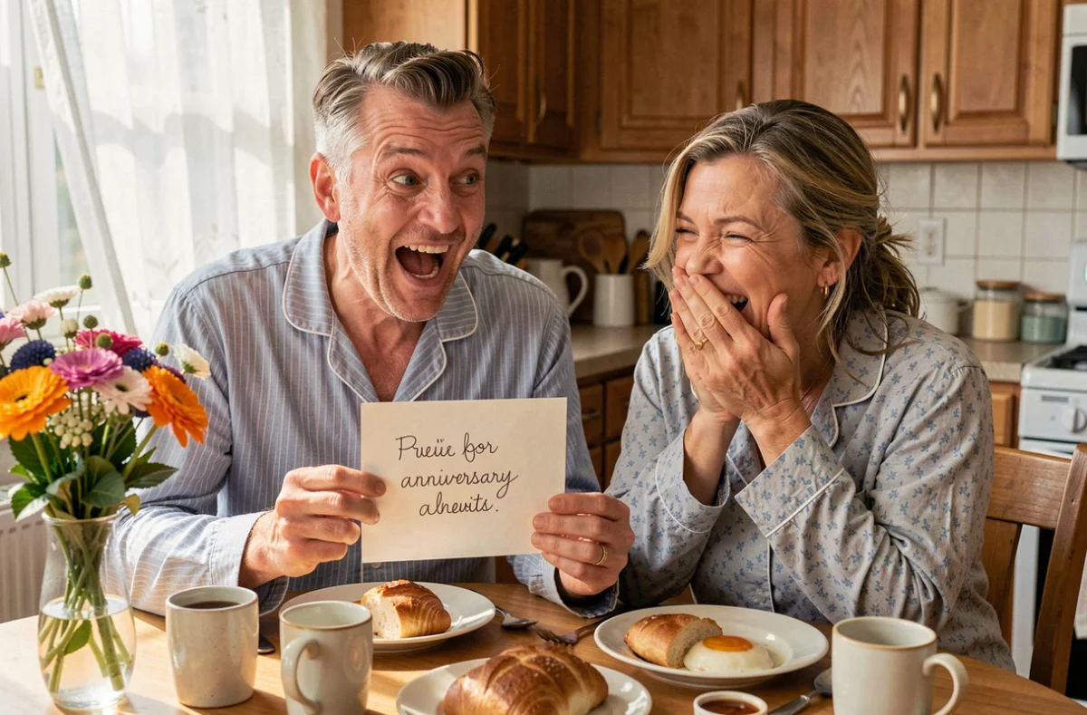 Couple qui rit ensemble en lisant un message anniversaire de mariage humoristique dans une cuisine chaleureuse