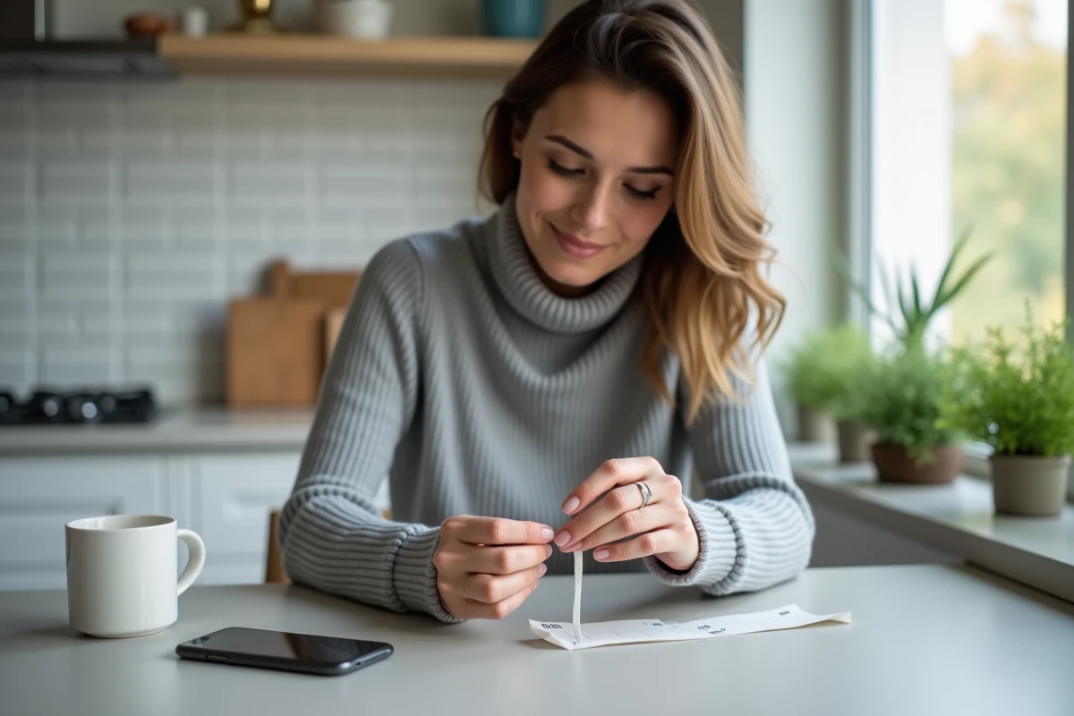 Jeune femme mesurant son doigt avec une bandelette de papier pour déterminer sa taille de bague en consultant un tableau d'équivalence sur smartphone