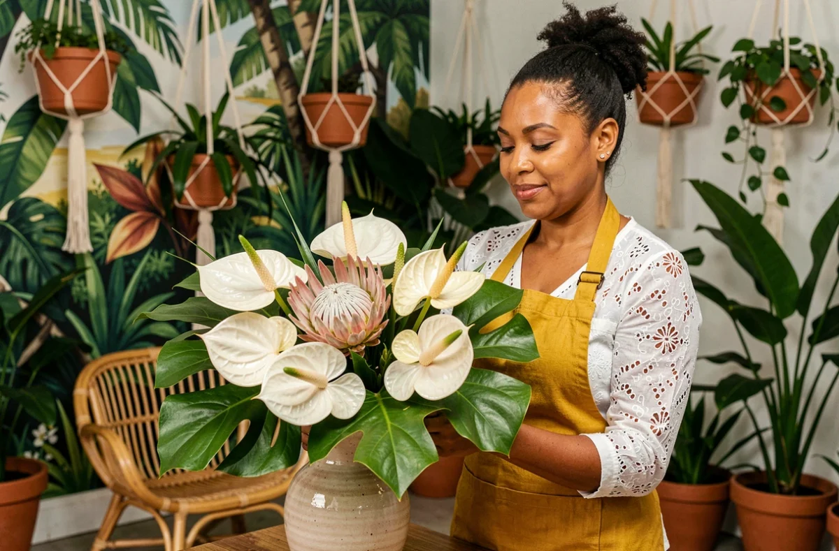 Fleuriste d'Ô Fleurs composant un bouquet de mariage tropical avec des anthuriums blancs et des proteas dans un studio au décor jungle