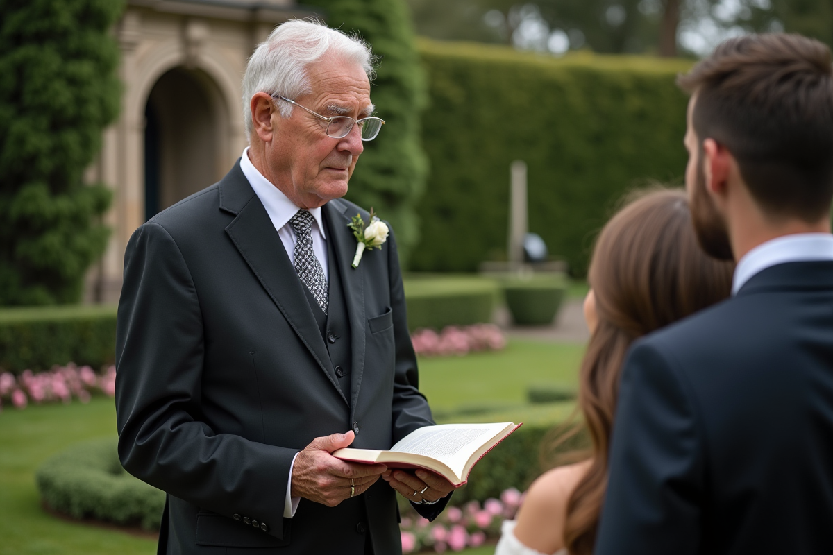 Officiant âgé lisant un vœu dans un jardin lors d’un mariage