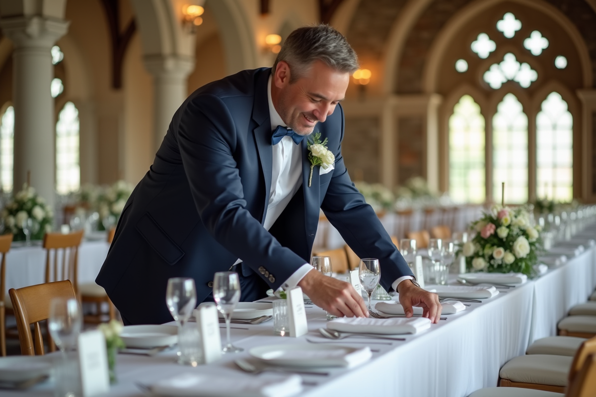 Organisateur de mariage en costume bleu ajustant des cartes de place