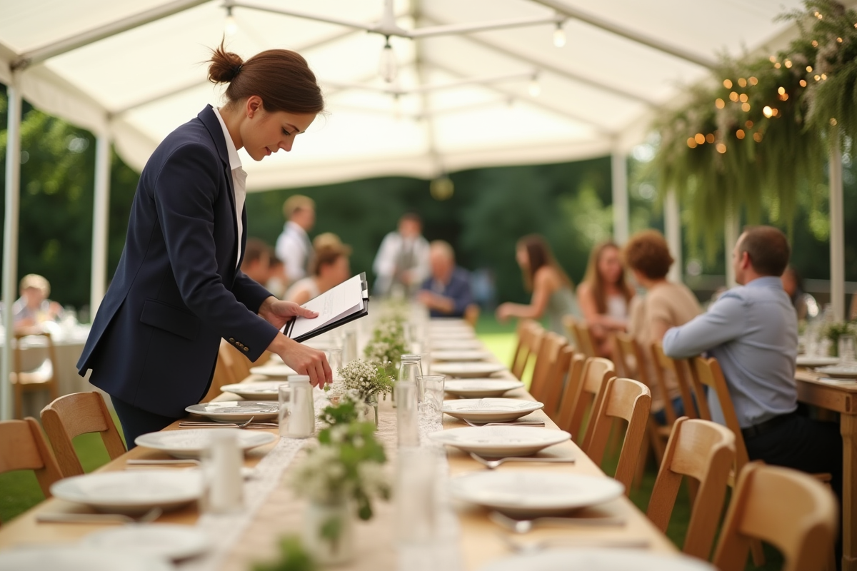 Wedding planner arrangeant des cartes de place dans un jardin ensoleille